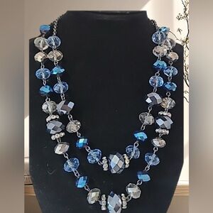 Gorgeous Vintage Crown Trifari Blue Silver Glass Bead Multi Facet Necklace